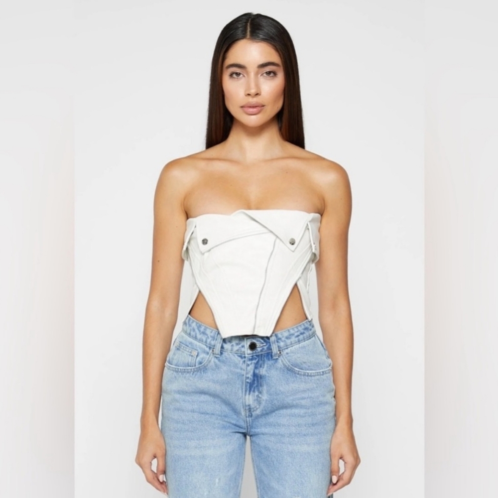 Maniere De Voir Sketch Racer top crop leather faux sleeveless tees tank